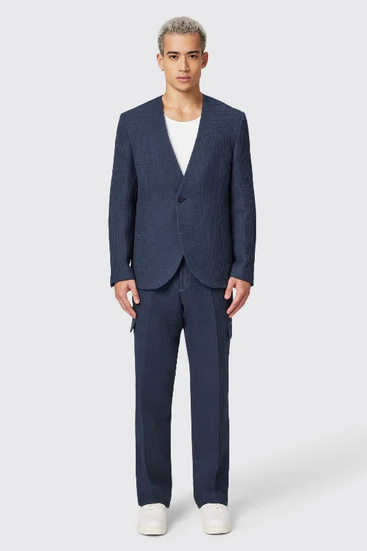 Men's premium tuxedo with satin lapels for office -Anthony Oversized Navy Waffle Knit Cotton Suit - ARCHIVE