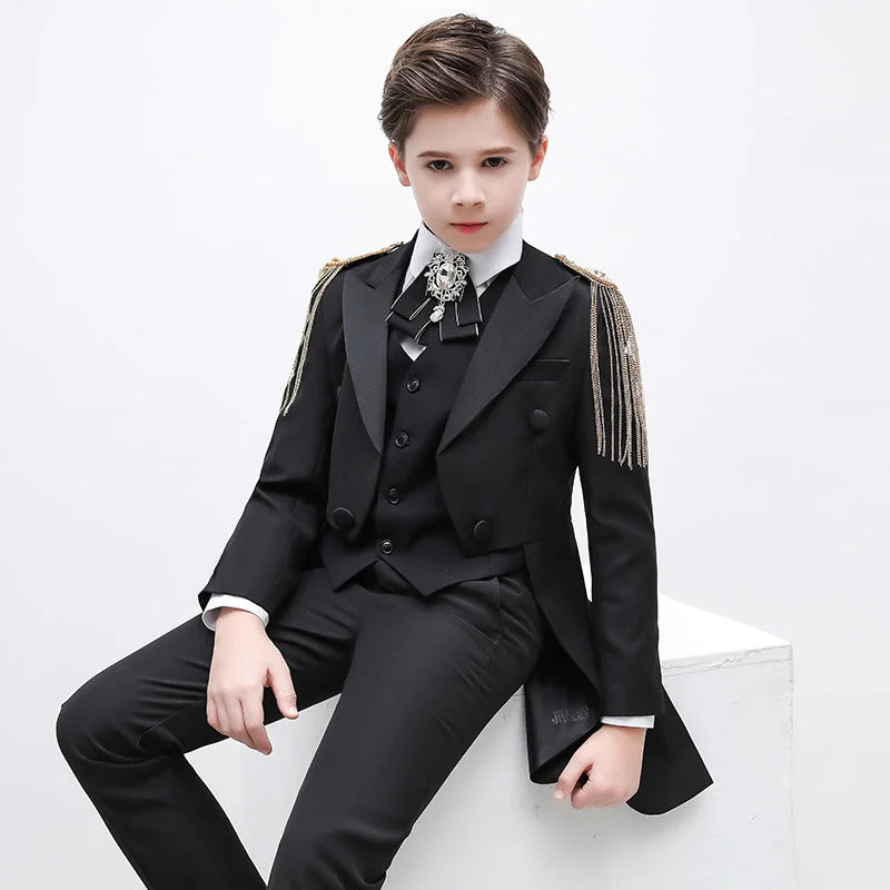 Men's wool tuxedo for formal business dinner -Boy's 3-Piece Suit Classic Swallow Black