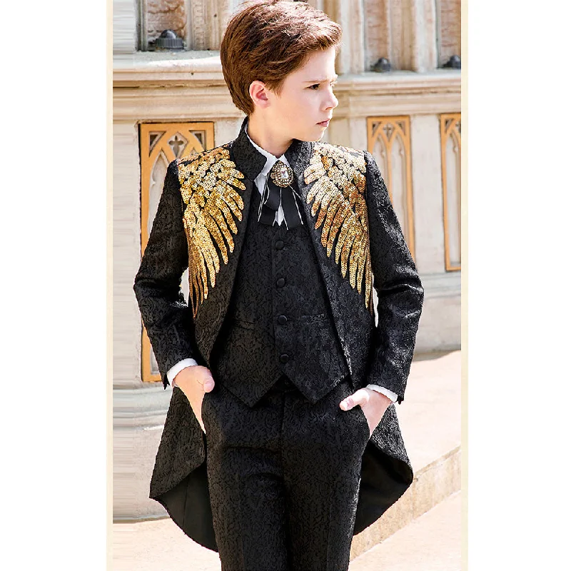 Men's business tuxedo jacket for wedding party -Boy's 3-Piece Suit Jacquard Tuxedo With Gold Wing