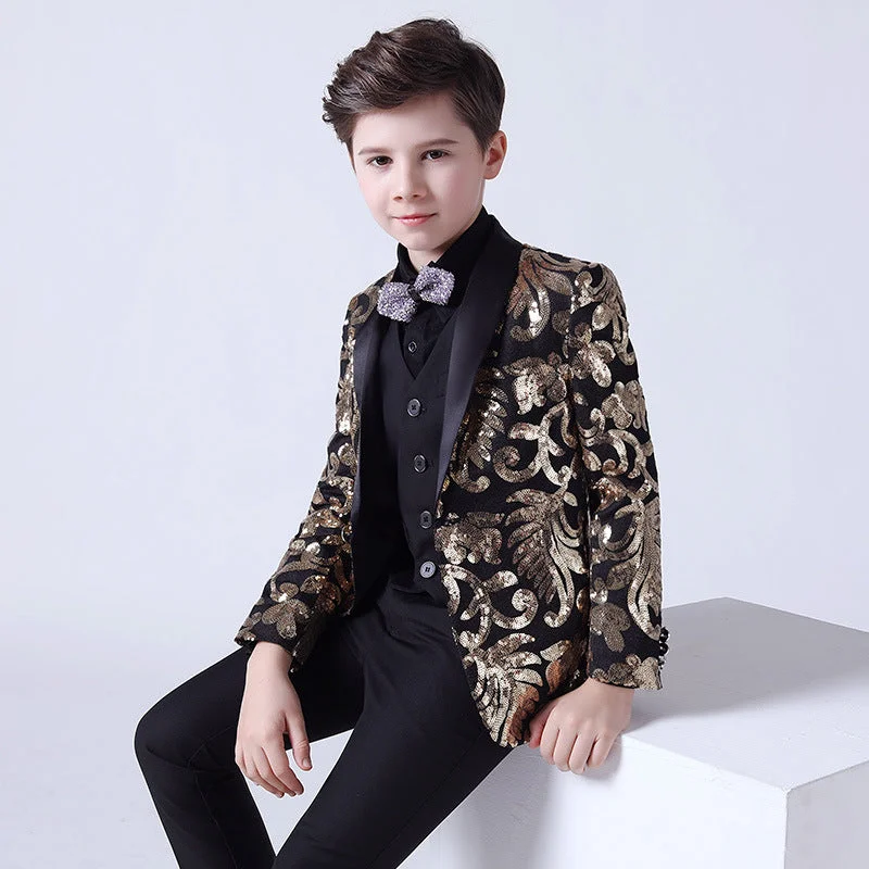 Men's tailored tuxedo for wedding reception party -Boy's 3-Piece Suit Sequin Tuxedo Shawl Collar Gold