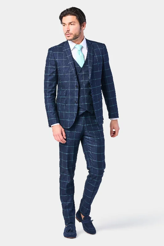 Men's luxury grey tuxedo jacket for wedding -Navy and Teal Window Pane 3 Piece Suit