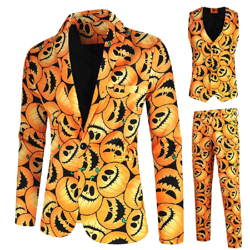 Men's tailored tuxedo for wedding reception party -Men's 3-Piece Halloween Angry Pumpkin Pattern Suit