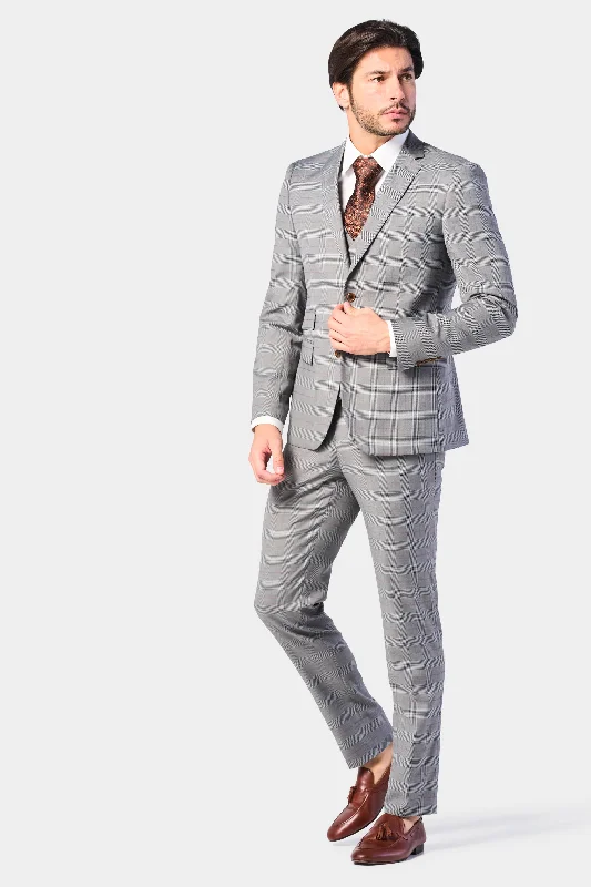 Men's modern tuxedo jacket for business reception -Gray and Rust Glenn Plaid 3 Piece Suit