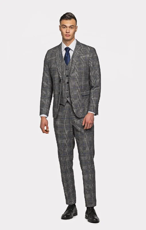 Men's designer tuxedo for office reception -Gray Blue Flannel Plaid 3 Piece Suit