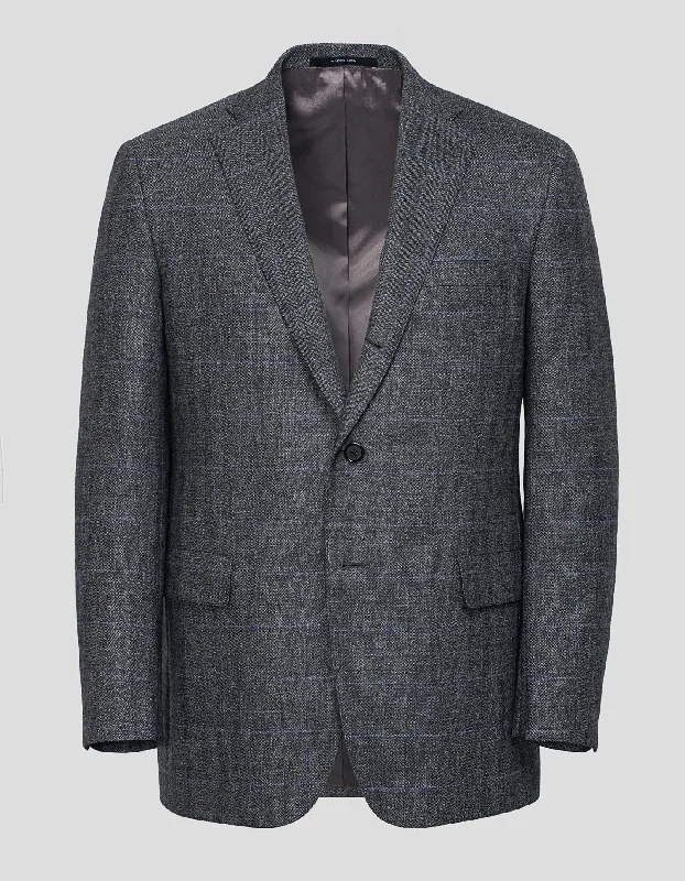 Men's luxury tuxedo jacket with satin collar for wedding -LIGHT GREY HERRINGBONE WITH BLUE PANE SUIT