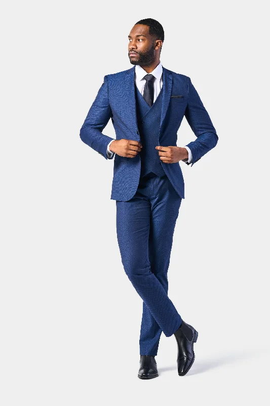 Men's classic tuxedo jacket for formal business event -Medium Blue Diamond Texture 3 Piece Suit