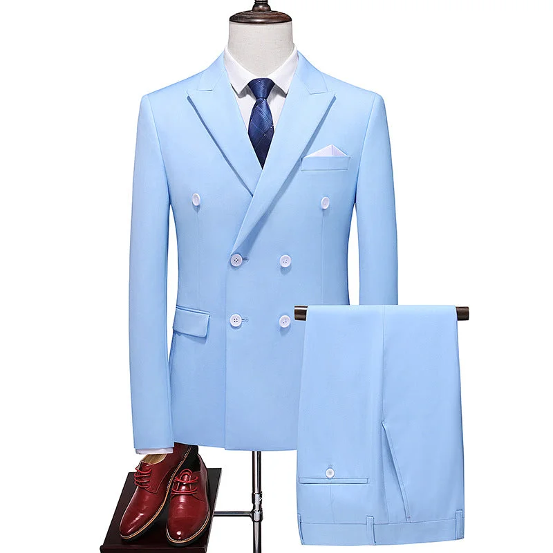 Men's formal tuxedo for black tie wedding reception -Men’s 3-Piece Double-breasted Classic Light Blue Suit