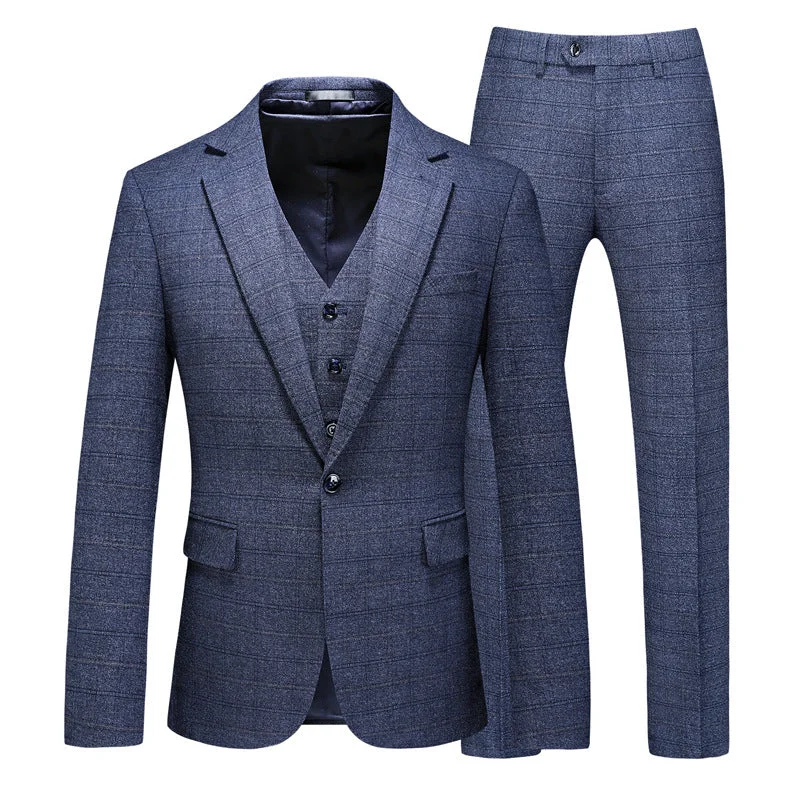 Men's wool tuxedo for formal business dinner -Men’s 3-Piece Subtile Geometric Grid Style Blue Suit