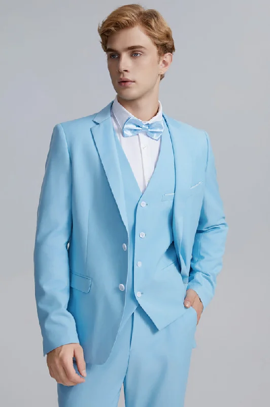 Men's classic tuxedo with satin collar for evening event -Men's 3-Piece Stylish Elegance Slim Fit Classic Light Blue Suit