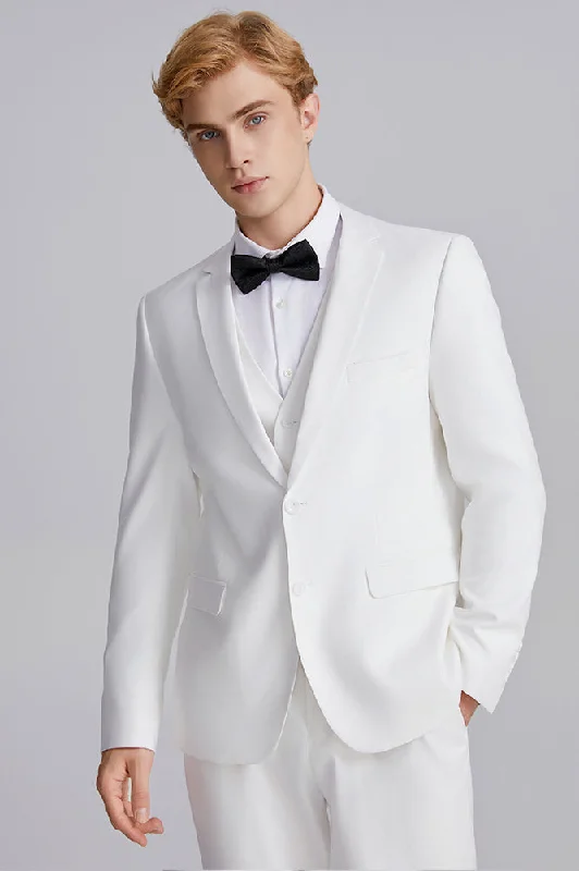 Men's formal tuxedo for black tie wedding reception -Men's 3-Piece Two Button Solid White Wedding Suit