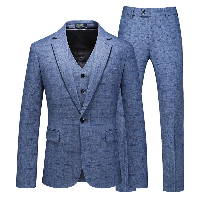 Men's formal tuxedo jacket for business gala event -Men’s 3-Piece Subtile Geometric Grid Style Grayish Blue Suit