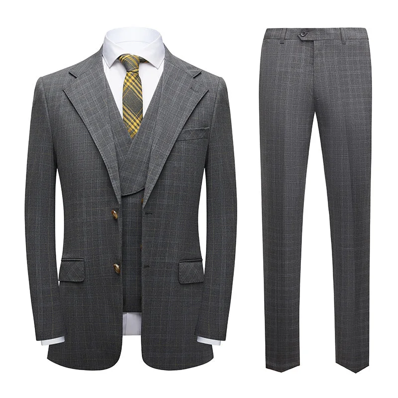 Men's wool tuxedo jacket for business dinner event -Men's 3-Piece Checkered Gray Two Button Gray Suit