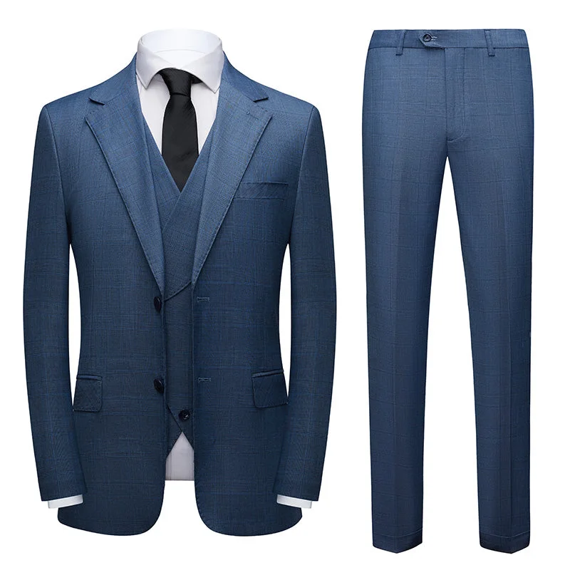 Men's modern tuxedo for wedding business dinner -Men's 3-Piece Two Button Subtile Grid Navy Blue Suit