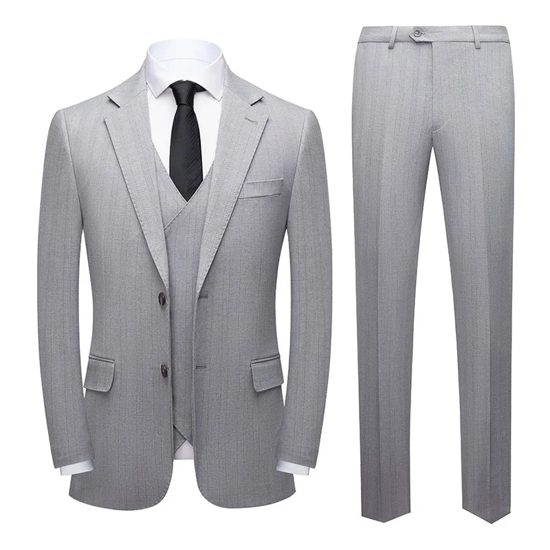 Men's formal tuxedo jacket for business dinner party -Men's 3-Piece Two Button Groom's Pinstripe Light Gray Suit