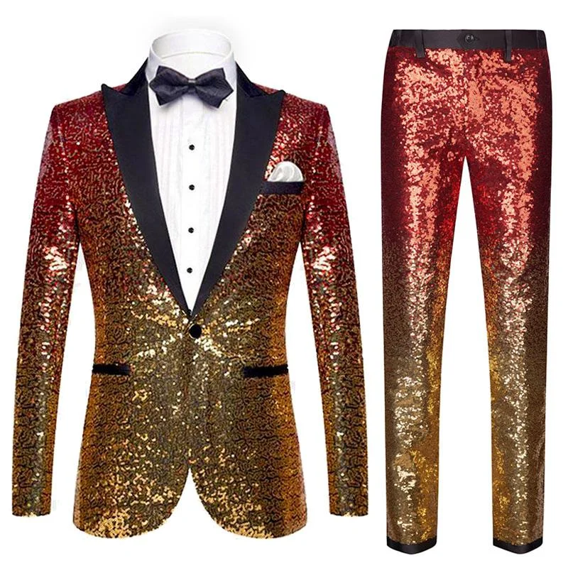 Men's tailored tuxedo jacket for office gala -Men's 2-Piece Gradient Sparkling Red and Gold Tuxedo