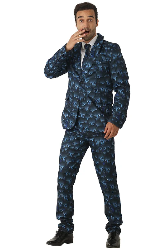 Men's slim fit tuxedo jacket for office gala -Men's 2-Piece Blue Skull Eraspooky Party Suit