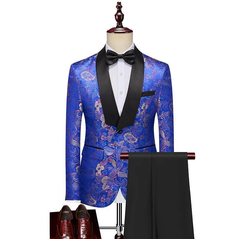 Men's business tuxedo for wedding reception -Men's 2-Piece Floral Pattern Jacquard Blue Tuxedo