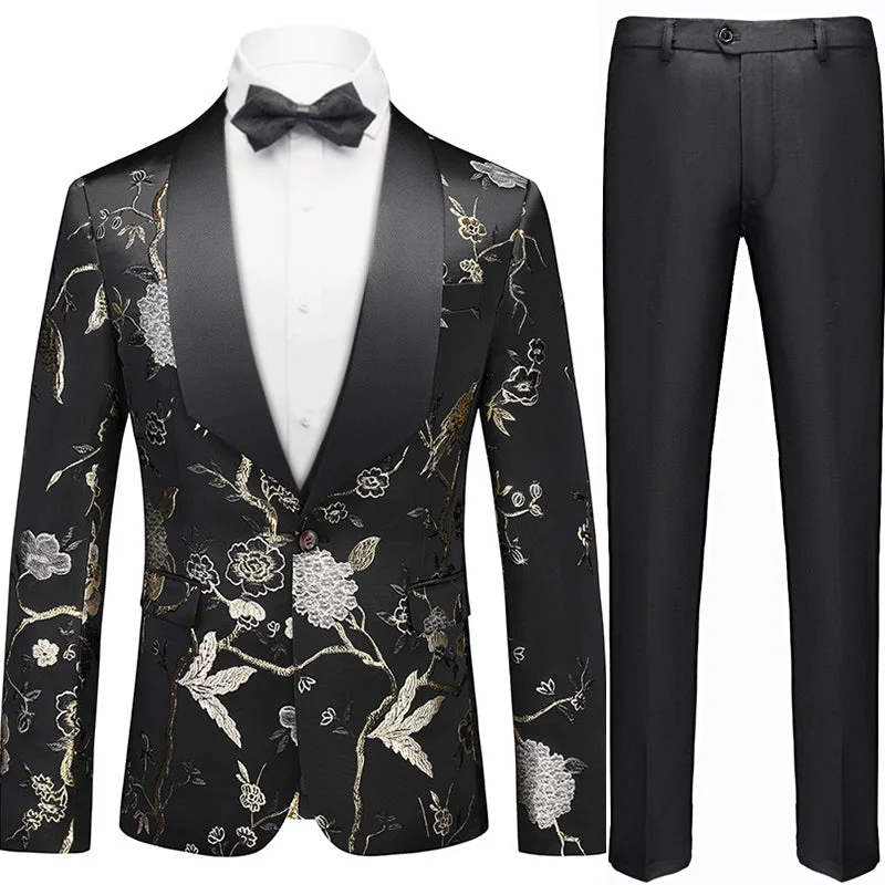 Men's designer tuxedo jacket for formal office event -Men's 2-Piece Golden Birdsong Forest Embroidery Shawl Collar Suit