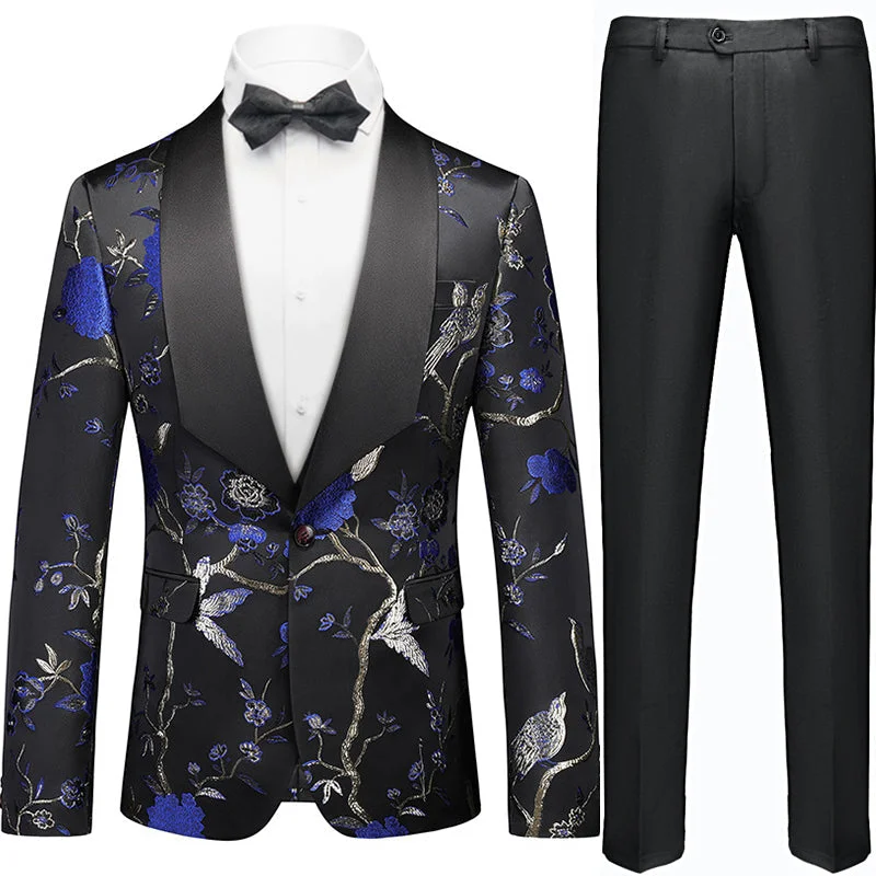 Men's wool tuxedo for black tie gala -Men's 2-Piece Large Collar Unique Blue Bird Embroidery Shawl Collar Suit