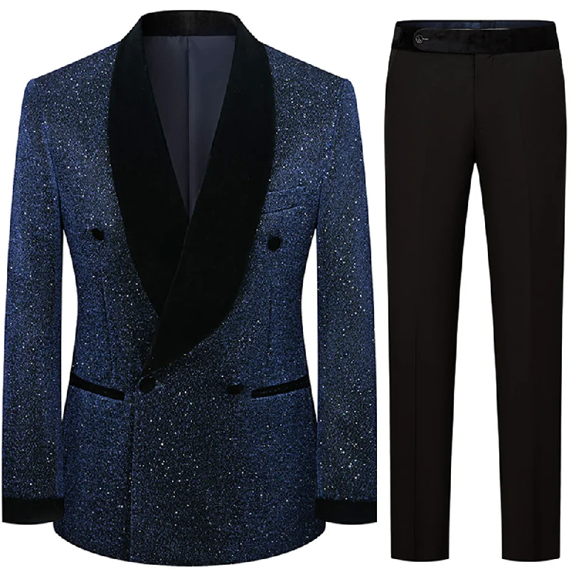 Men's classic black tuxedo with satin collar for wedding -Men's 2-Piece Starry Navy Blue Smoking Suit