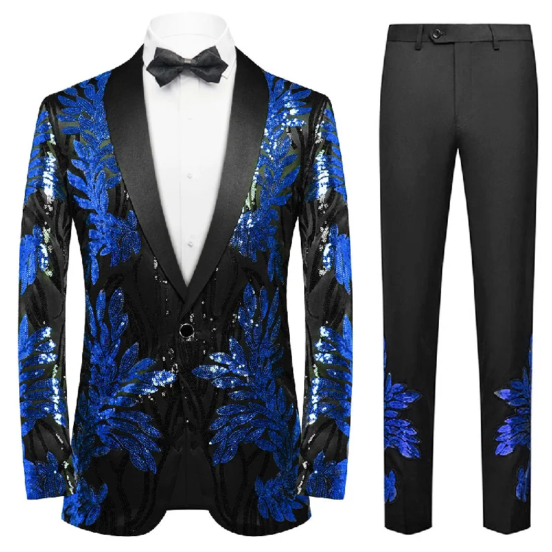 Men's designer tuxedo for corporate gala dinner -Men's 2-Piece Sequin Blue Leaves Embroidery Tuxedo