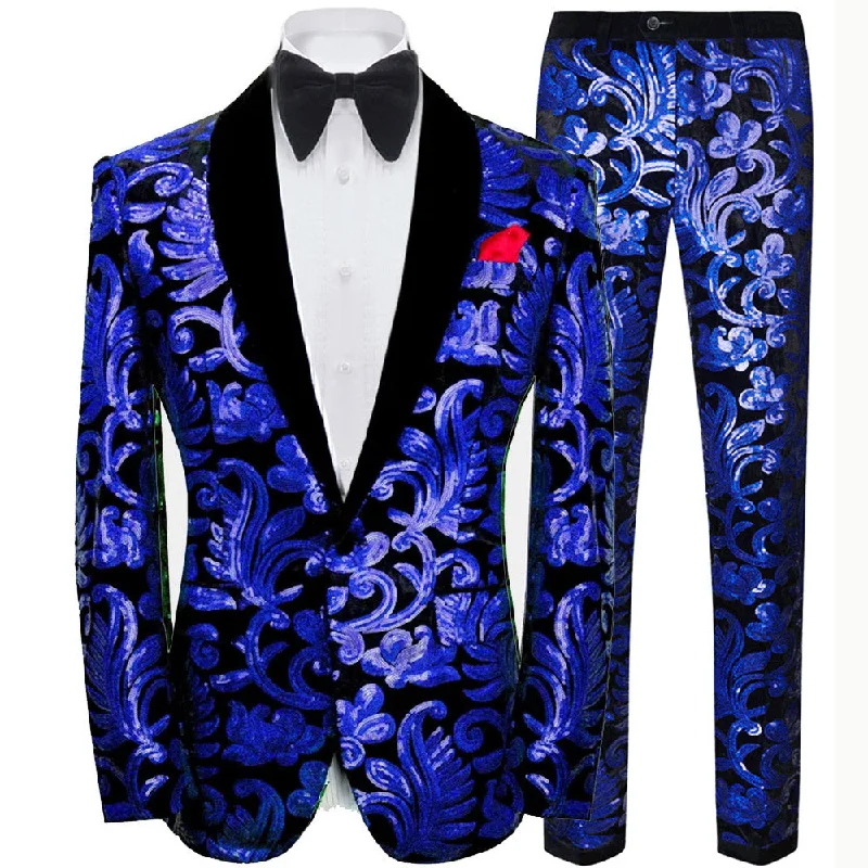 Men's tailored tuxedo jacket for wedding party -Men's 2-Piece Sparkle Floral Blue Sequin Suit