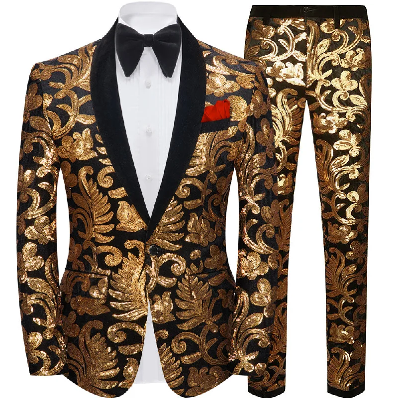 Men's classic tuxedo with satin collar for evening event -Men's 2-Piece Golden Blossom Black Sequin Tuxedo Jacket