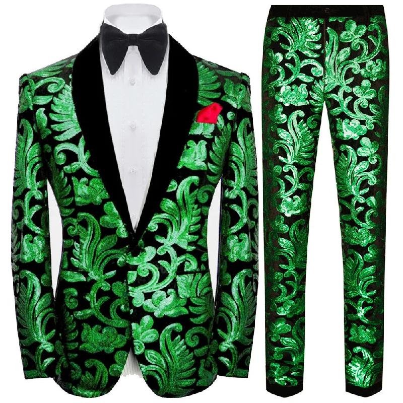 Men's slim fit tuxedo for corporate office party -Men's 2-Piece Blossom Green Sequin Tuxedo Shawl Collar