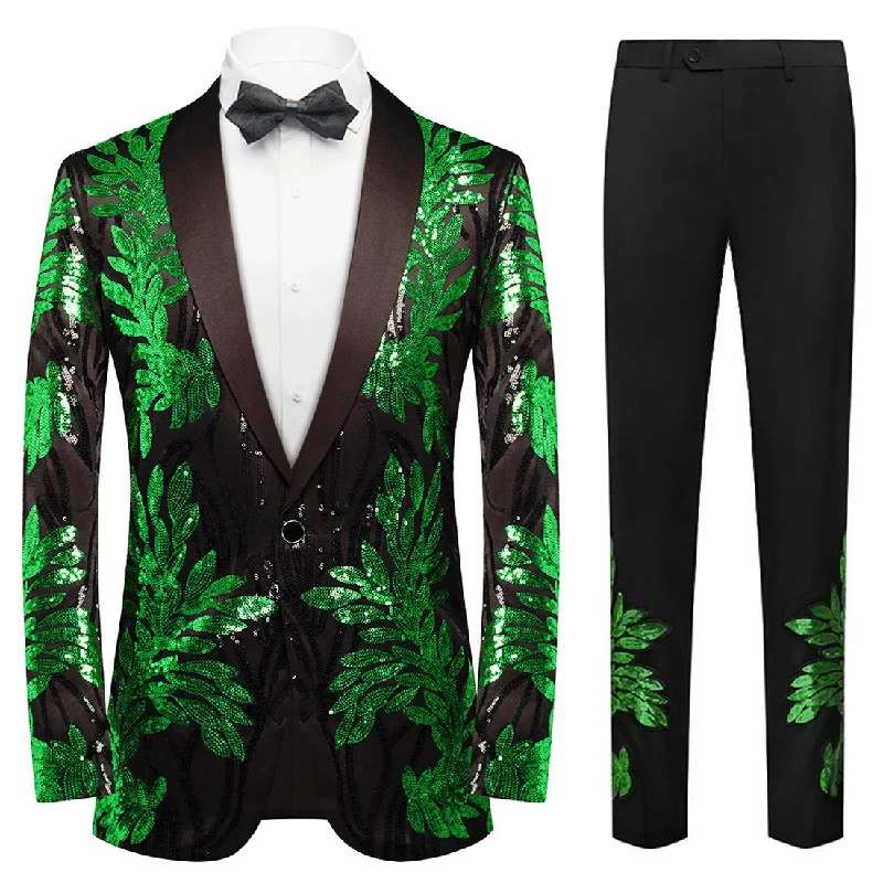 Men's slim fit tuxedo jacket for wedding dinner -Men's 2-Piece Sequin Green Leaves Embroidery Tuxedo