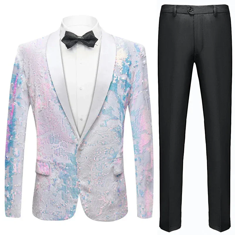 Men's wool tuxedo for evening gala -Men's Slim Fit Tuxedo Jacket Embroidery Sequin Jacket White