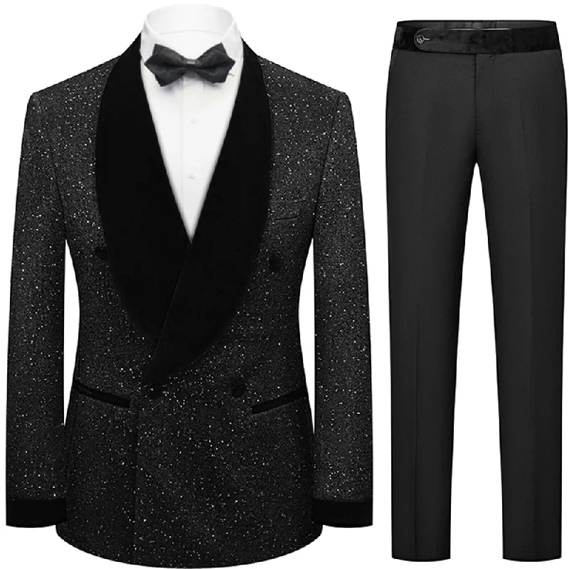 Men's wool tuxedo jacket for business event -Men's 2-Piece Starry Black Smoking Suit