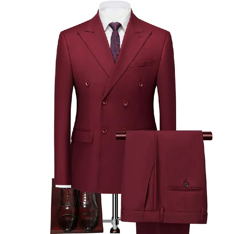 Men's designer tuxedo jacket for wedding dinner -Men's 2-Piece Slim Fit Double-Breasted Burgundy Suit