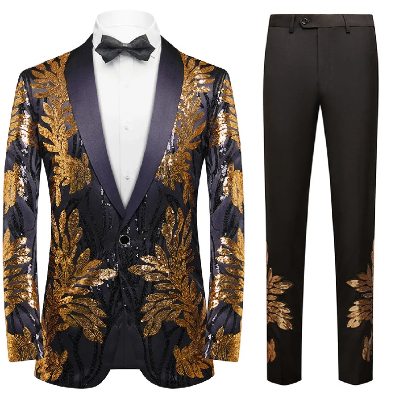 Men's premium tuxedo jacket for formal gala -Men's 2-Piece Sequin Golden Leaves Embroidery Tuxedo