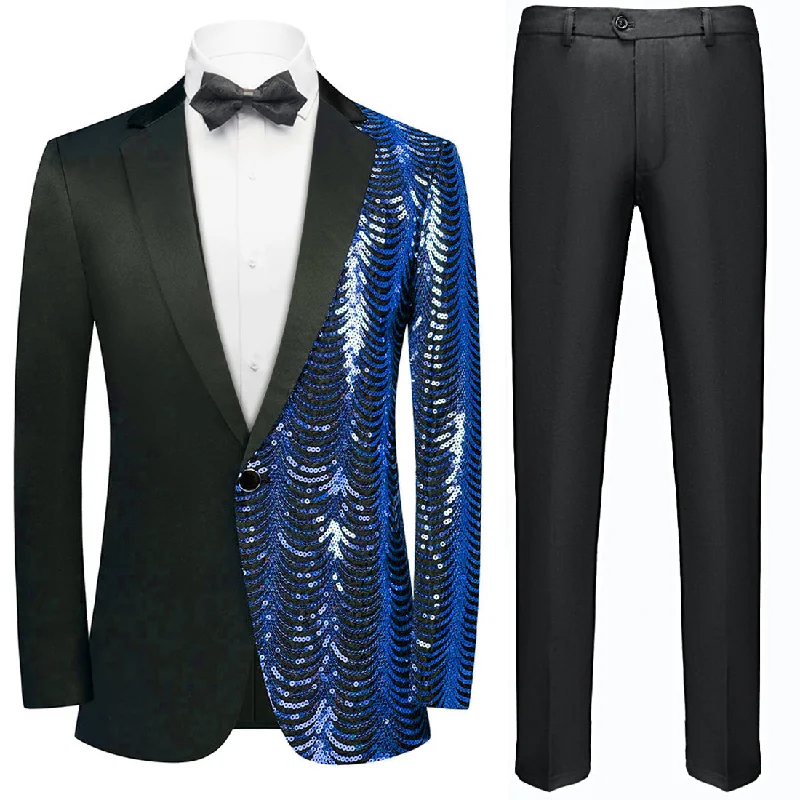 Men's premium tuxedo for formal office events -Men's 2-Piece Blue Sequin Water Ripples Black Suit