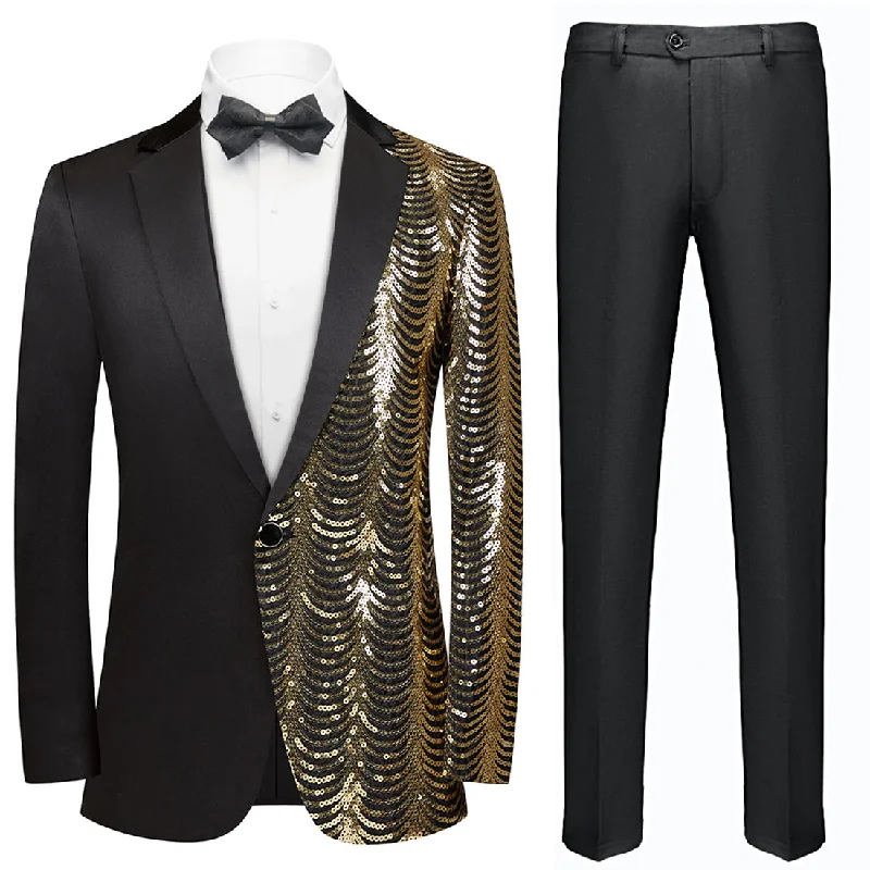 Men's designer tuxedo jacket for wedding dinner -Men's 2-Piece Gold Sequin Water Ripples Black Suit