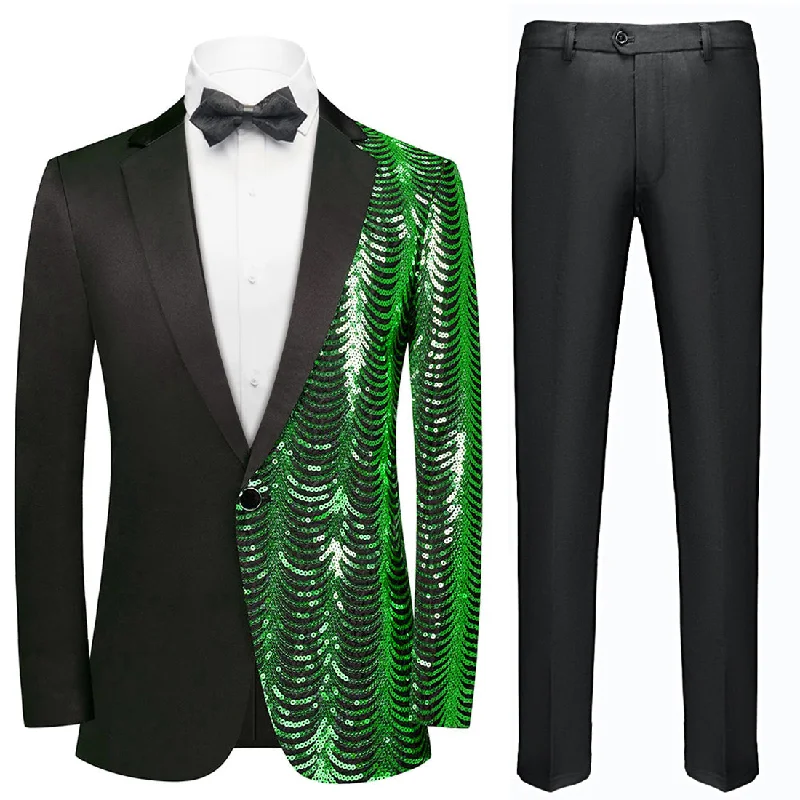 Men's premium tuxedo jacket with satin lapels for office -Men's 2-Piece Green Sequin Water Ripples Black Suit