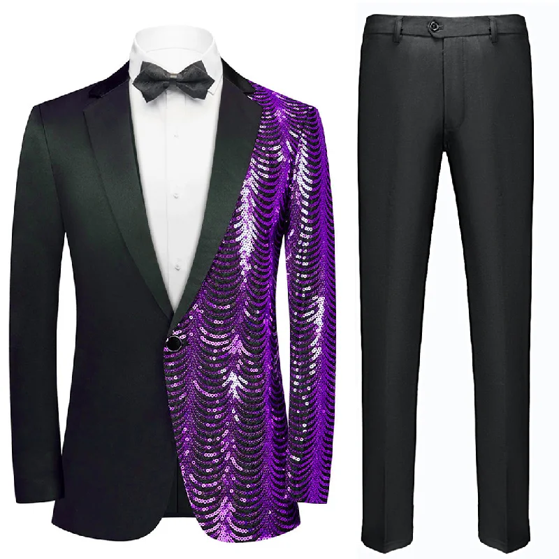 Men's slim fit tuxedo for business dinner party -Men's 2-Piece Purple Sequin Water Ripples Black Suit