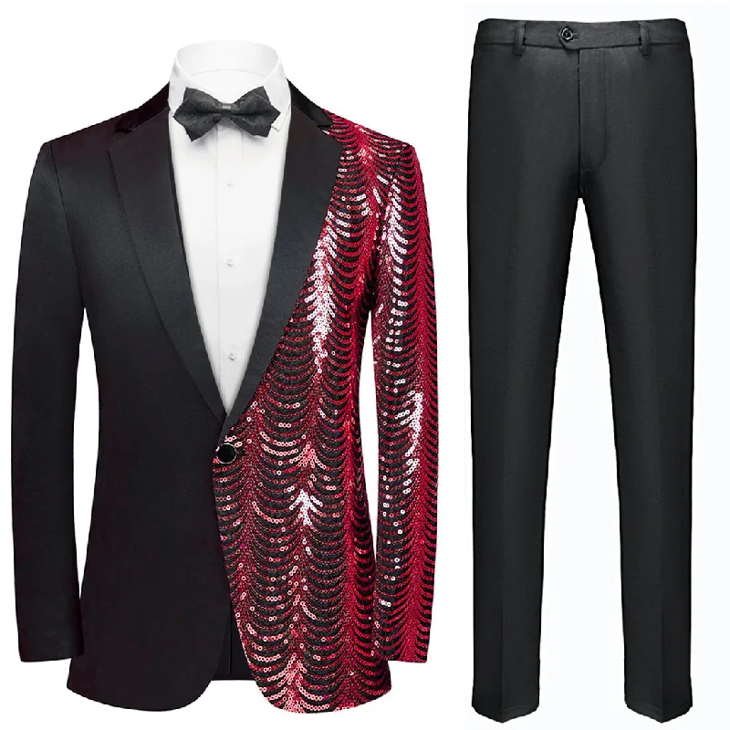 Men's slim fit tuxedo for special business event -Men's 2-Piece Red Sequin Water Ripples Black Suit