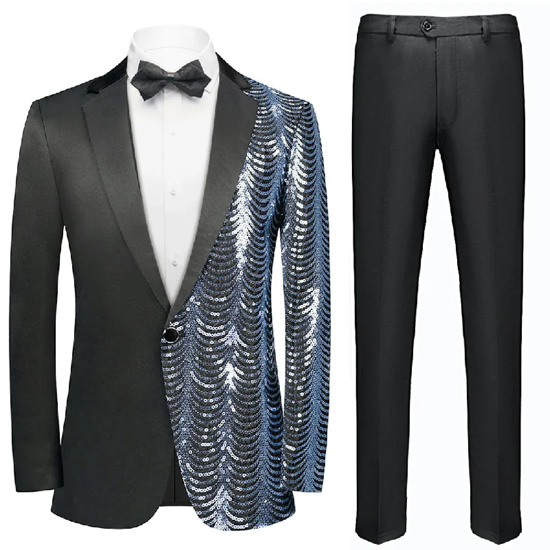 Men's formal tuxedo for corporate office party -Men's 2-Piece Light Blue Sequin Water Ripples Black Suit