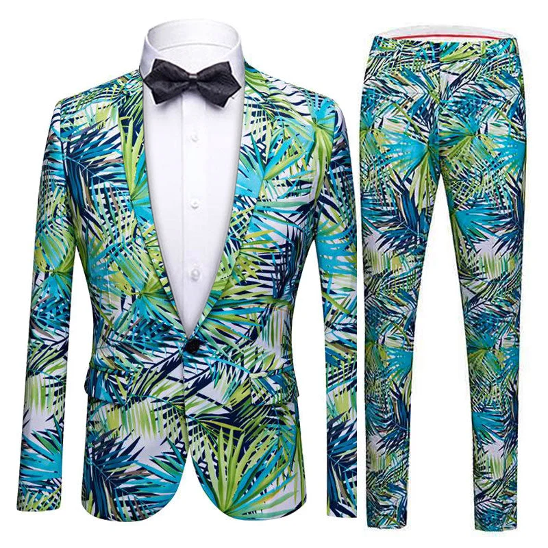 Men's business tuxedo jacket for evening gala -Men's 2-Piece Tropical Palm Leaf Print Suit Set