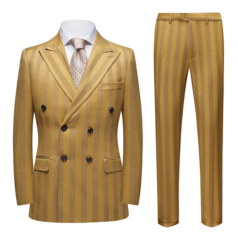 Men's luxury tuxedo for office gala dinner -Men's 2-Piece Retro Style Double-Breasted Yellow Suit