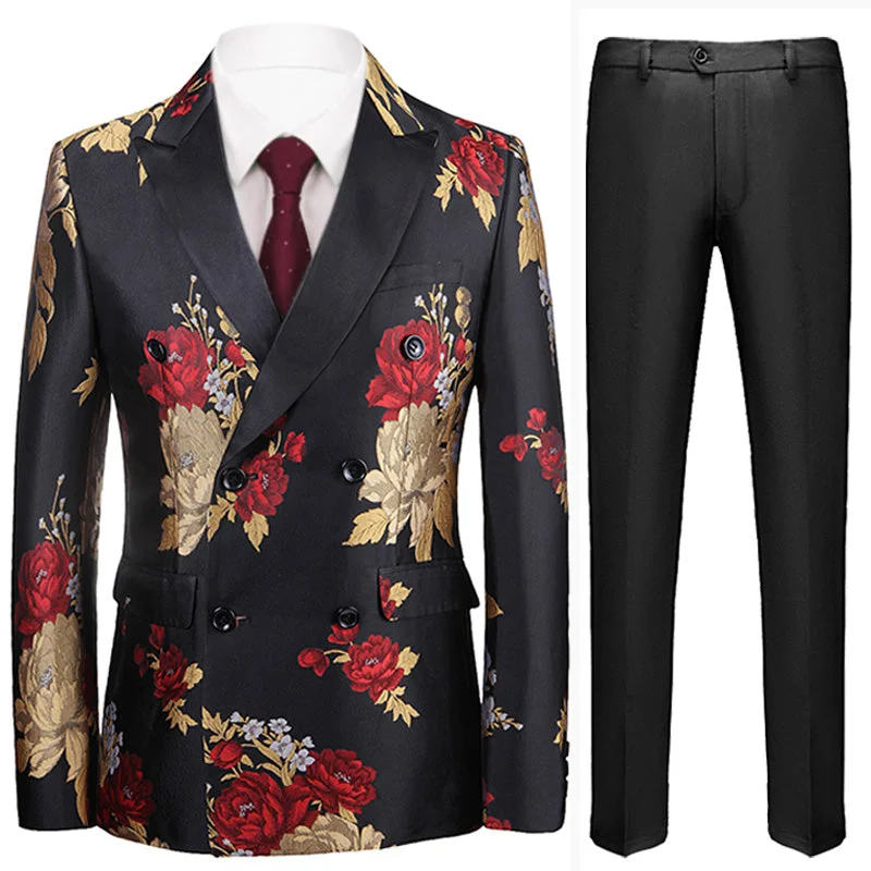 Men's classic tuxedo with satin collar for evening event -Men's 2-Piece Red and Gold Peony Embroided Black Suit