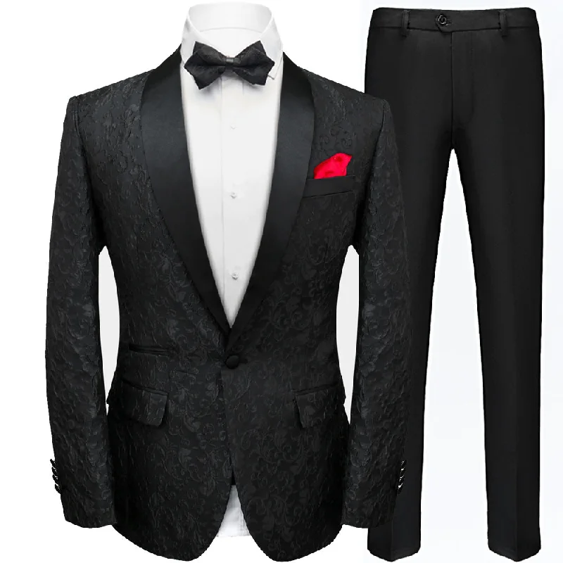 Men's modern tuxedo for evening gala -Men's 2-Piece Jacquard Embroidery Paisley Black Suit