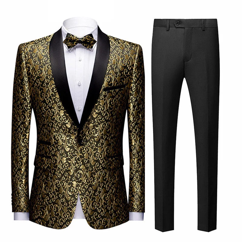 Men's business tuxedo for wedding reception -Men's 2-Piece Gold Jacquard Embroidery Paisley Black Suit