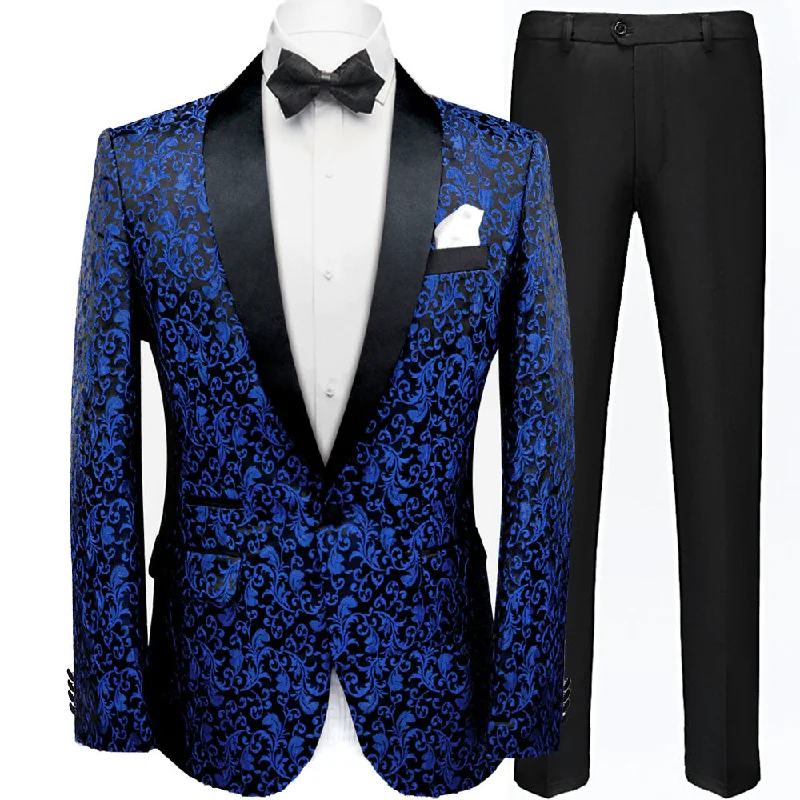 Men's tailored tuxedo for corporate wedding party -Men's 2-Piece Jacquard Embroidery Paisley Navy Blue Suit