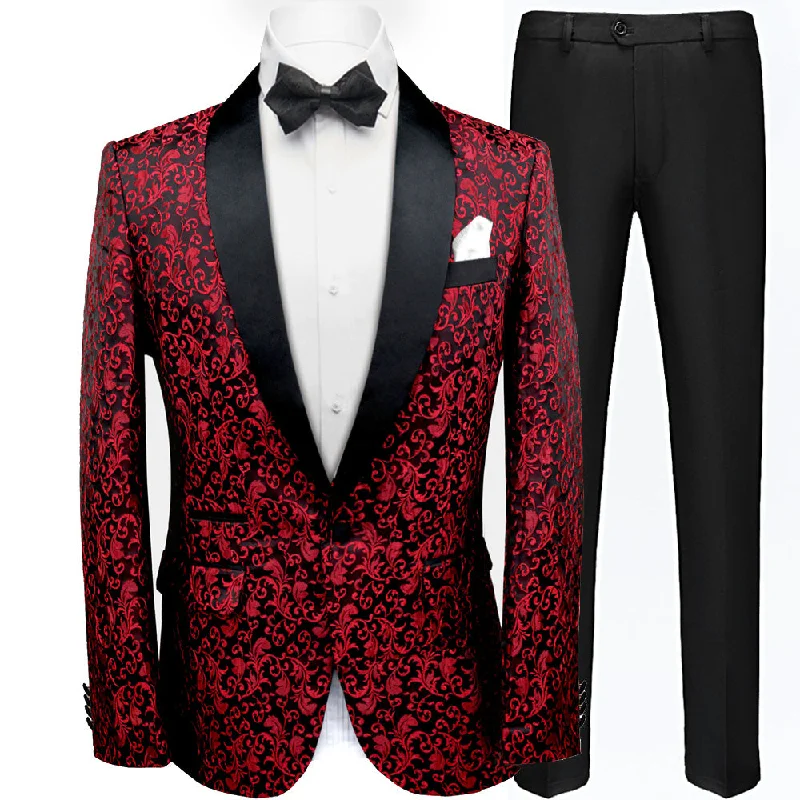 Men's business tuxedo jacket for evening event -Men's 2-Piece Jacquard Embroidery Burgundy Blazer