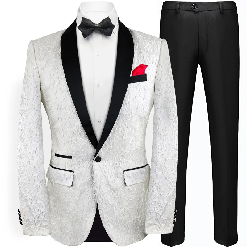 Men's formal tuxedo with satin collar for evening event -Men's 2-Piece Jacquard Embroidery White Wedding Suit