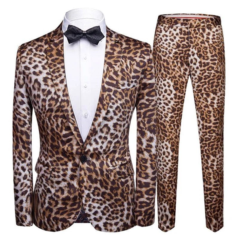 Men's tailored tuxedo for wedding reception party -Men's 2-Piece Brown Leopard Print One Button Suit