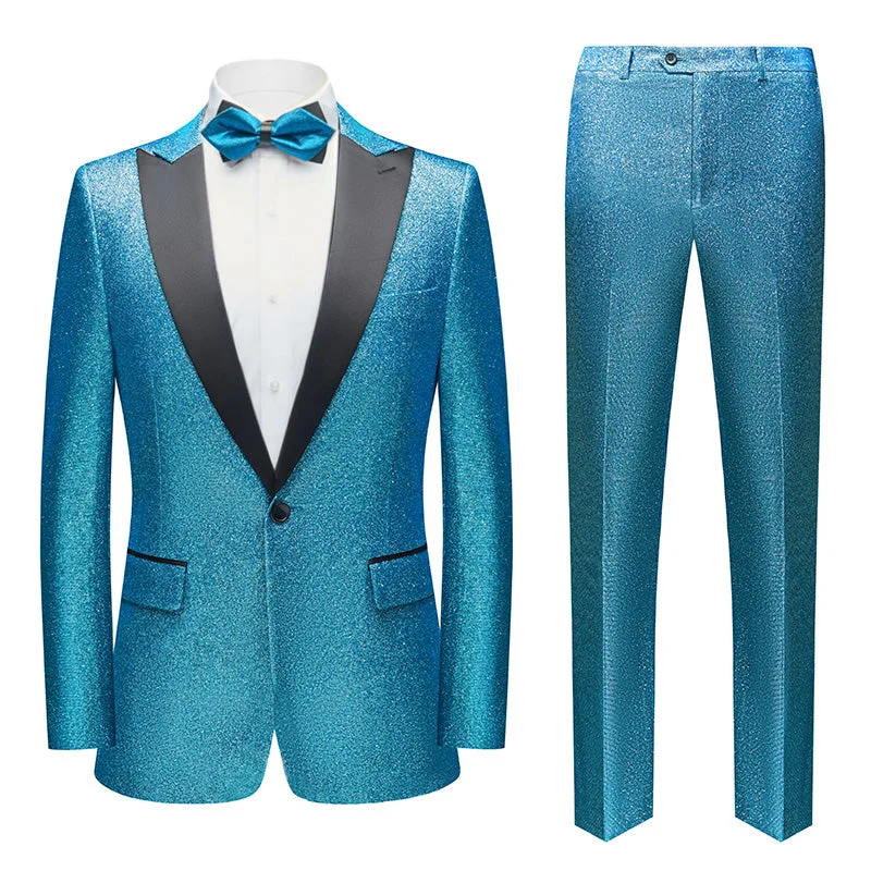 Men's designer tuxedo for corporate gala dinner -Men's 2-Piece Peak Lapel Blue Sequin Jacket