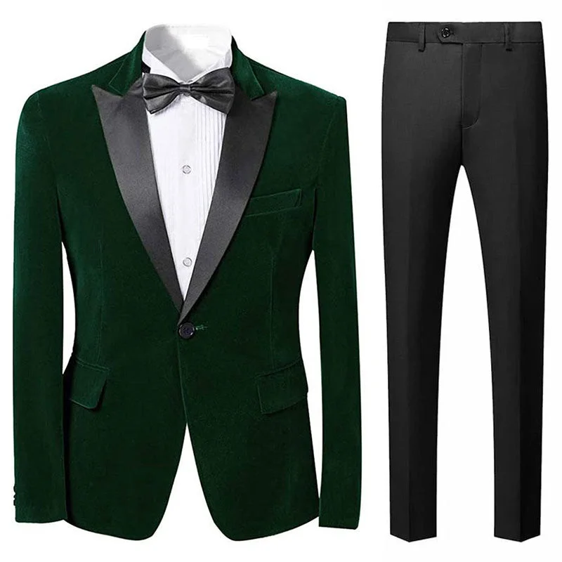 Men's premium tuxedo with satin lapels for office -Men's 2-Piece Peak Lapel Dark Green Velvet Tuxedo